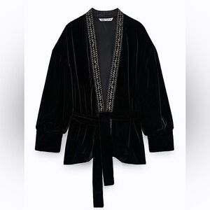 NWOT Zara Velvet Black Kimono Jacket with Gold Beaded and Tie Belt